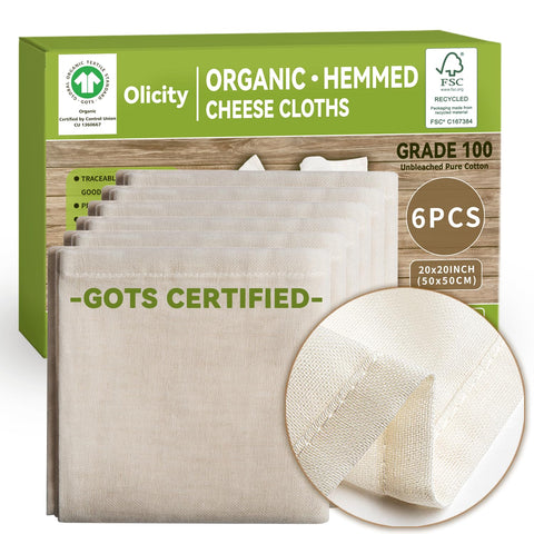 Olicity organic cheese cloth precut 20x20 for quick, easy straining.
