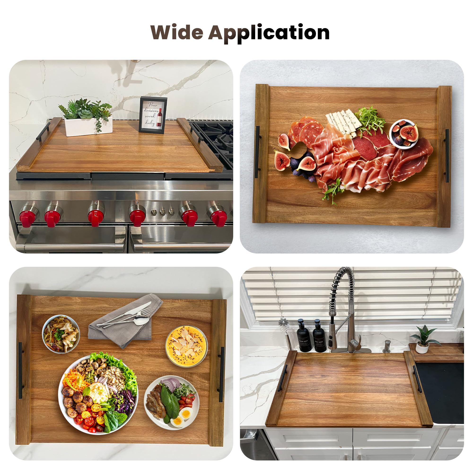 Olive Everything stove cover with black handles and gold accents enhances kitchen décor