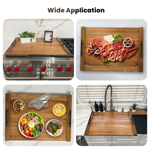 Olive Everything stove cover with black handles and gold accents enhances kitchen décor
