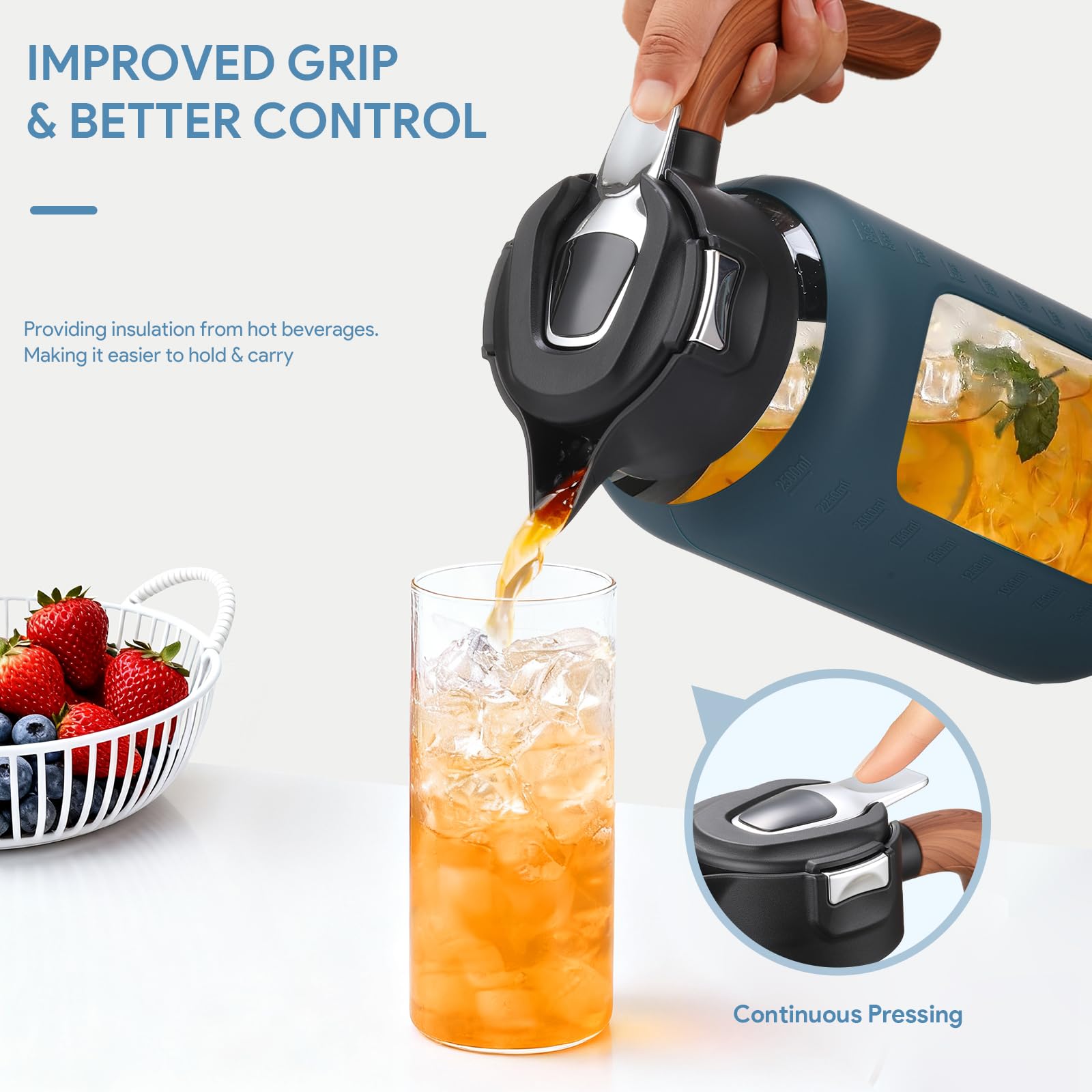 Olivego borosilicate glass pitcher withstands high temperatures for hot and cold drinks.