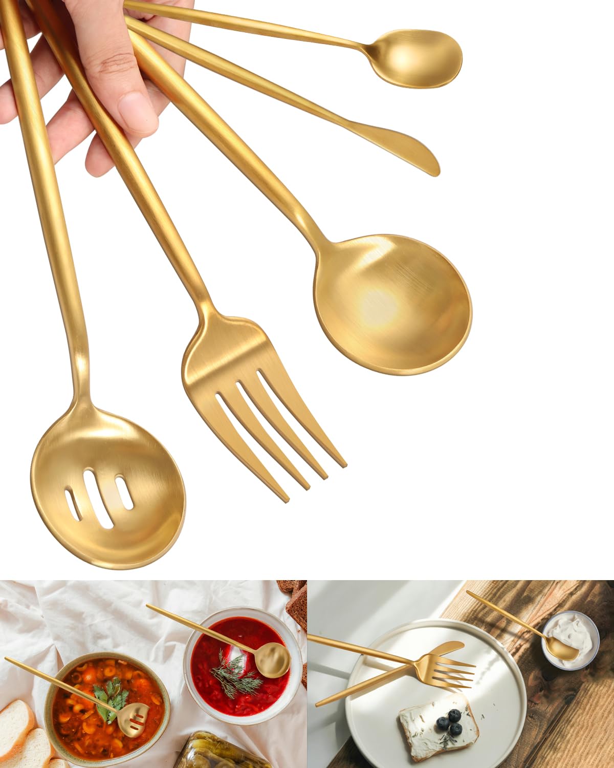 Ollex 5-piece matte gold serving utensils large fork for elegant buffet service