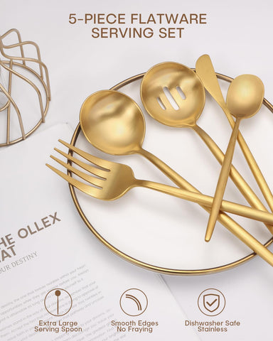 Ollex 5-piece matte gold serving utensils large slotted spoon great for sauces and serving