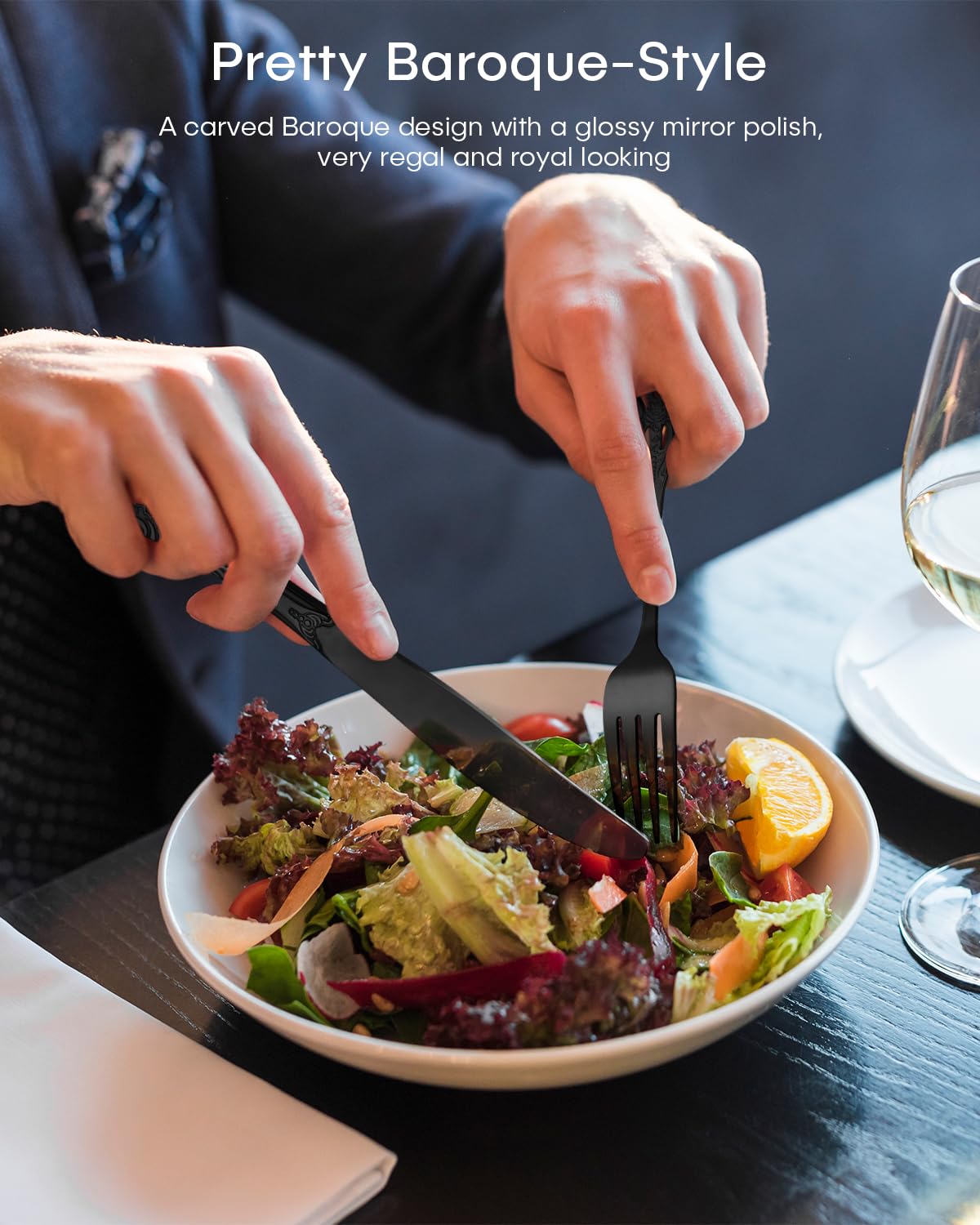 Ollex black dinner fork close-up highlights mirror-polished surface