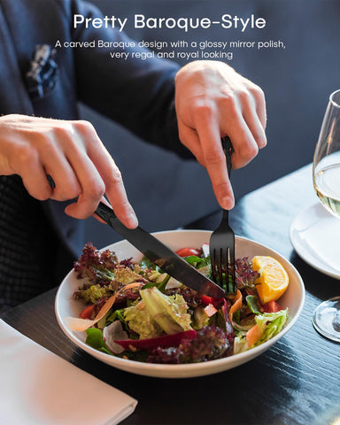 Ollex black dinner fork close-up highlights mirror-polished surface