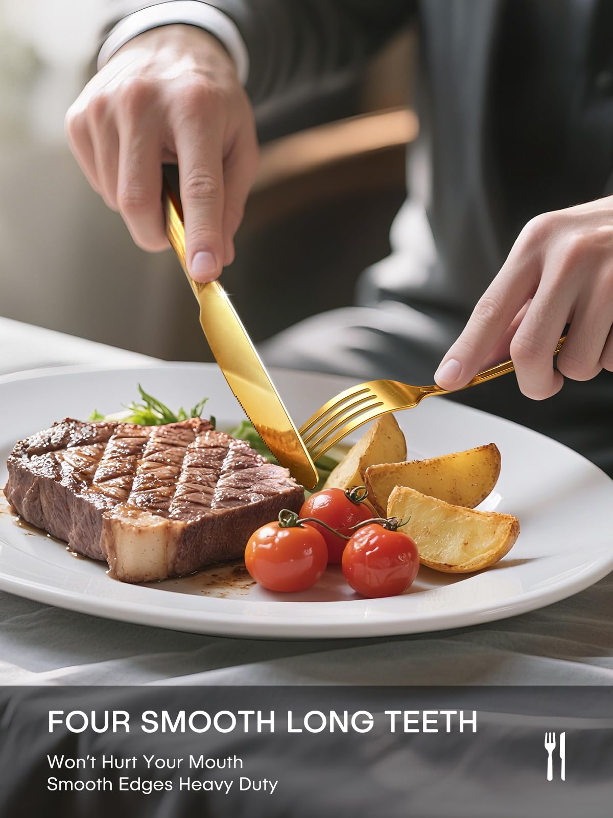 Ollex Gold Silverware Set dinner forks with ergonomic grip for easy slicing