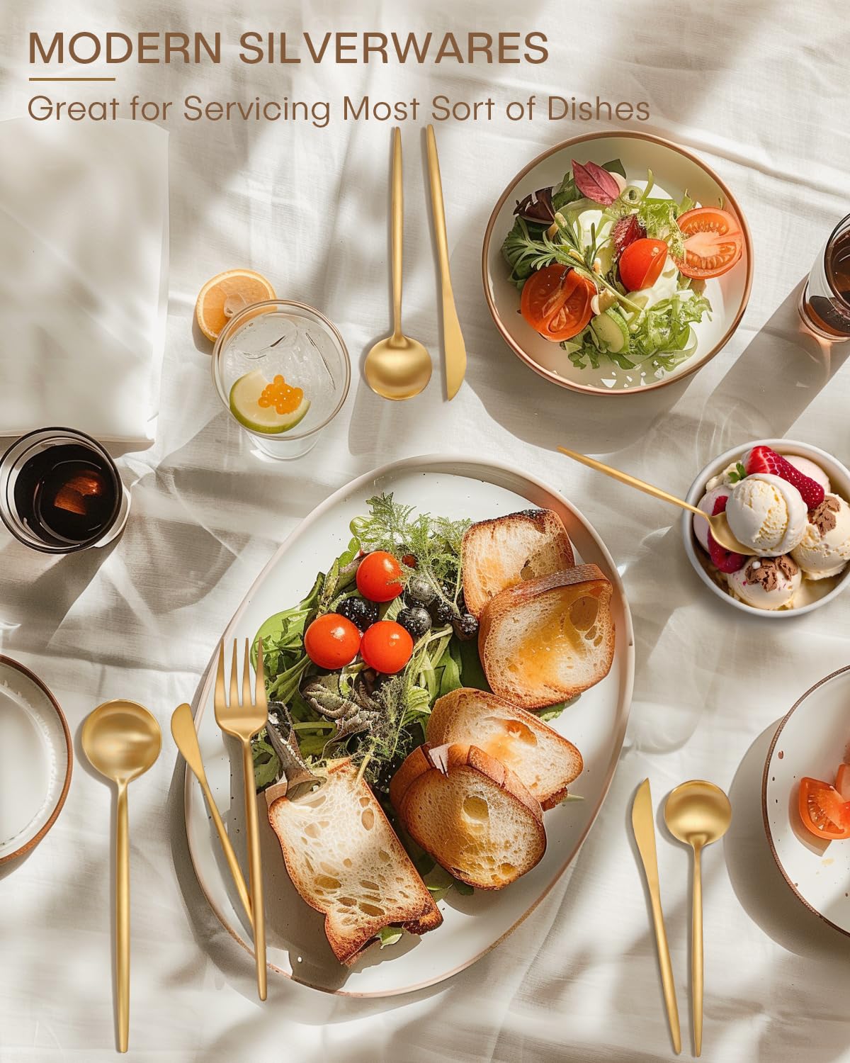 Ollex matte gold serving utensils on table layout highlighting cohesive design and versatility