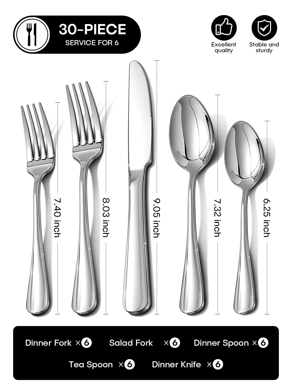 Ollex 30pc dinner spoons with smooth edges for comfortable grip