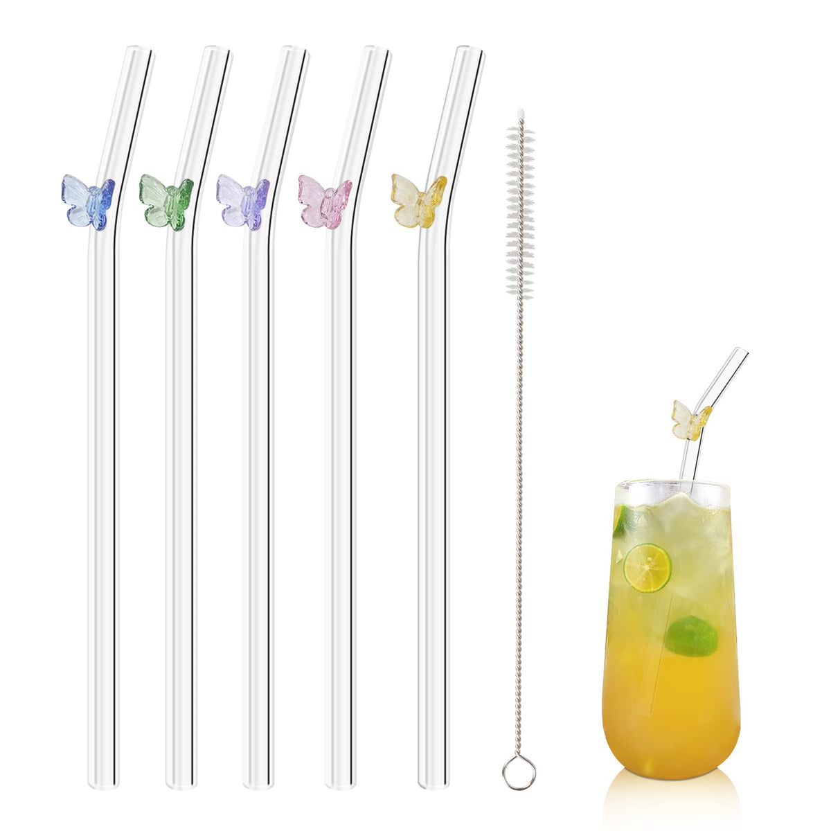 Olpchee butterfly-design clear glass straw for smoothies and drinks.
