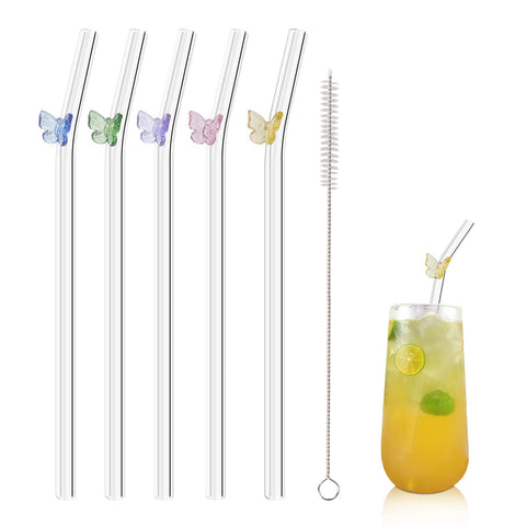 Olpchee butterfly-design clear glass straw for smoothies and drinks.