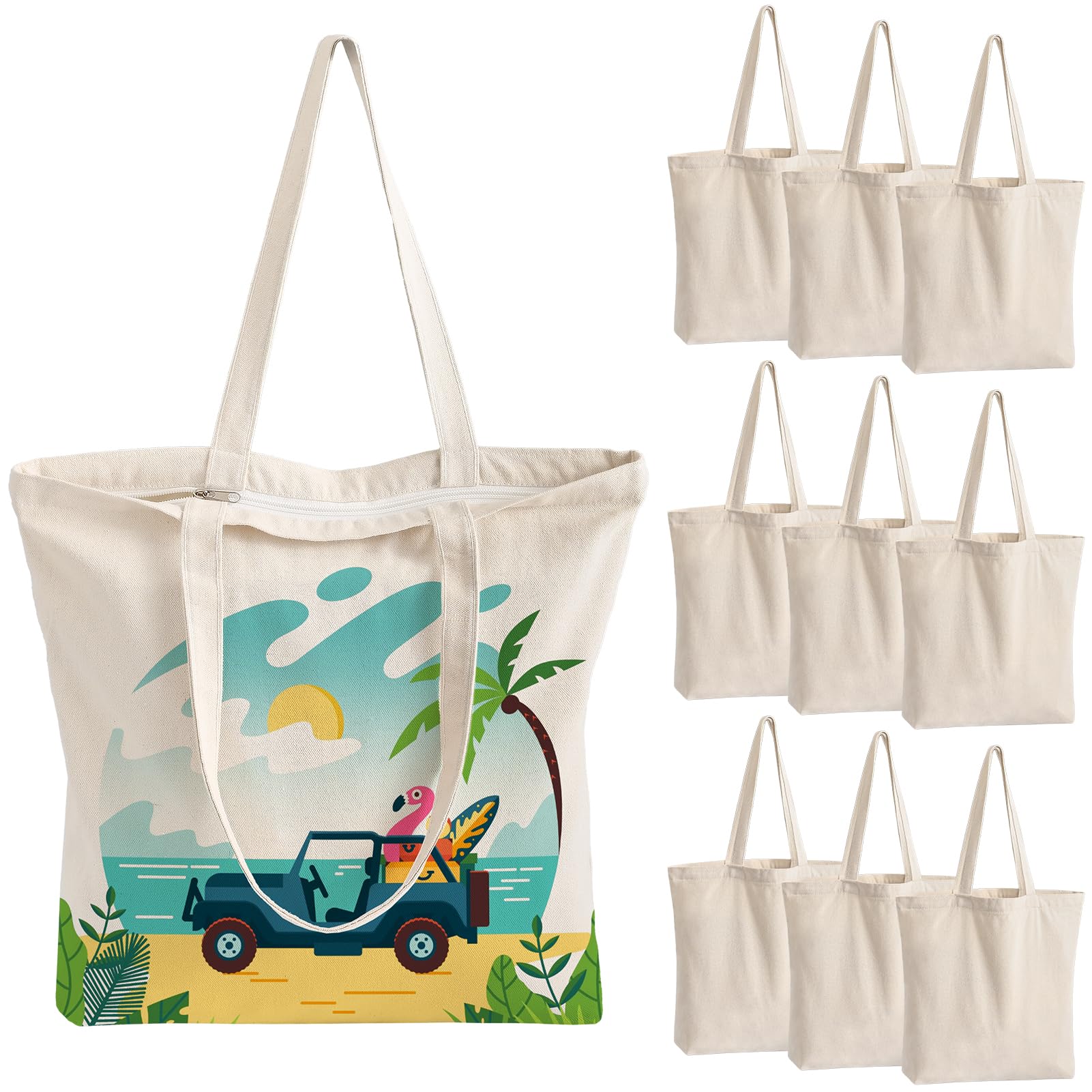 OLSUNOR 10-pack canvas tote bags with zipper for secure daily use.