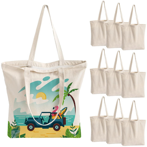 OLSUNOR 10-pack canvas tote bags with zipper for secure daily use.