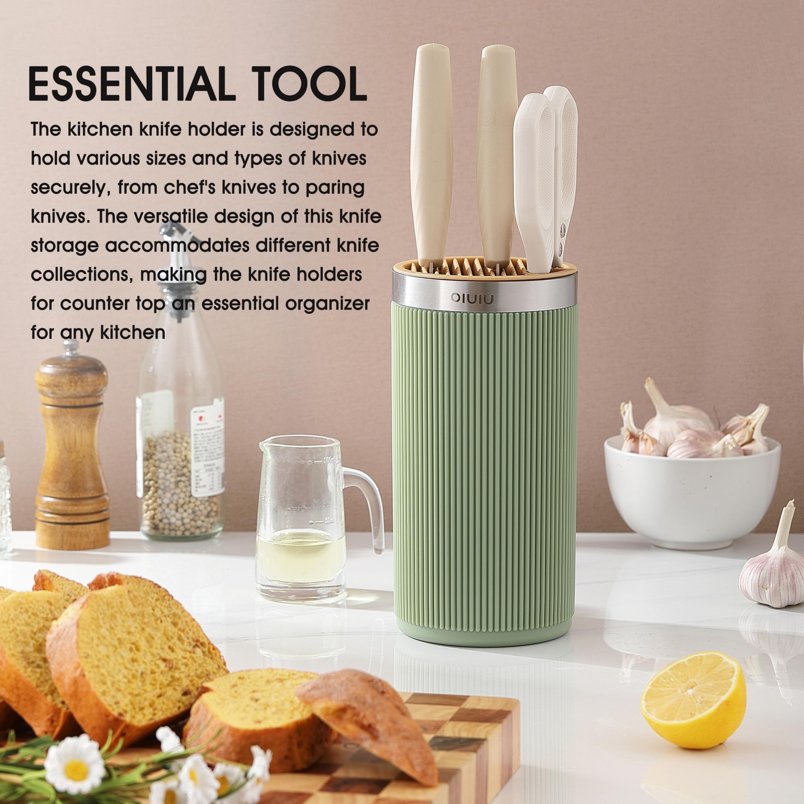 OLULU knife block green yellow designed for modern kitchens with space saving round shape