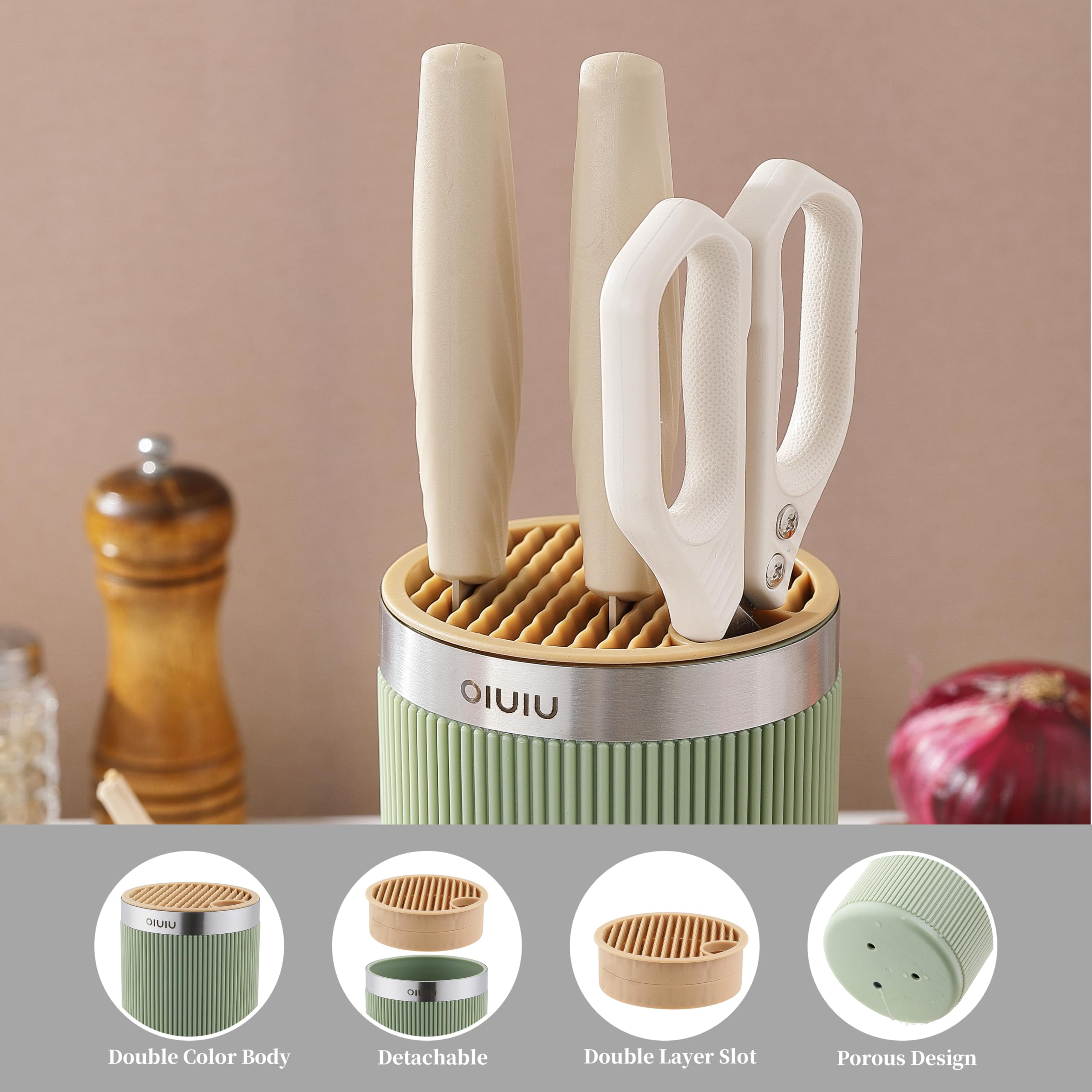 OLULU round knife block green yellow top view highlights compact design and color contrast