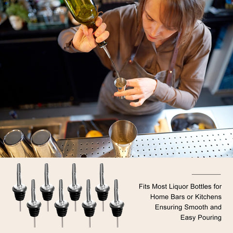 Olutacot pourers fit most bottles for liquor, oil, and vinegar