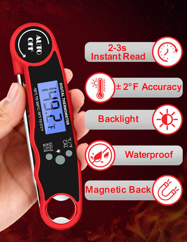 Olwaiy meat thermometer backlit-display for easy reading in low light.