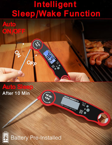 Olwaiy meat thermometer magnetic-back attached to fridge for quick access.