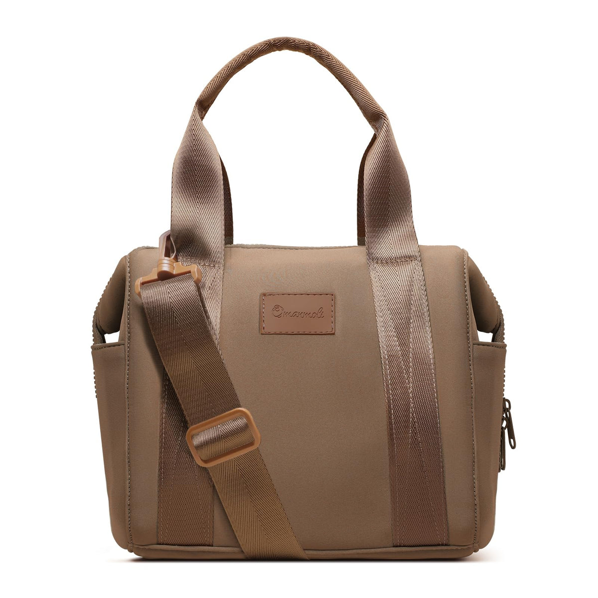 Omanmoli insulated lunch bag front view in brown, sleek daily companion for meals on the go.