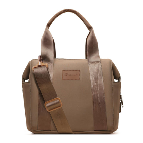 Omanmoli insulated lunch bag front view in brown, sleek daily companion for meals on the go.