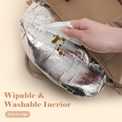 Omanmoli lunch bag expansion via side buttons in brown, adds extra capacity.