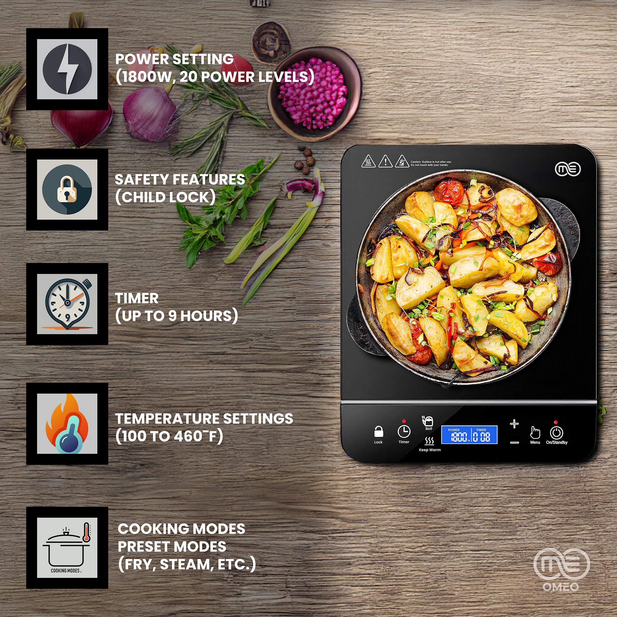 OMEO offers 10 temperature levels for versatile cooking from simmer to sear.