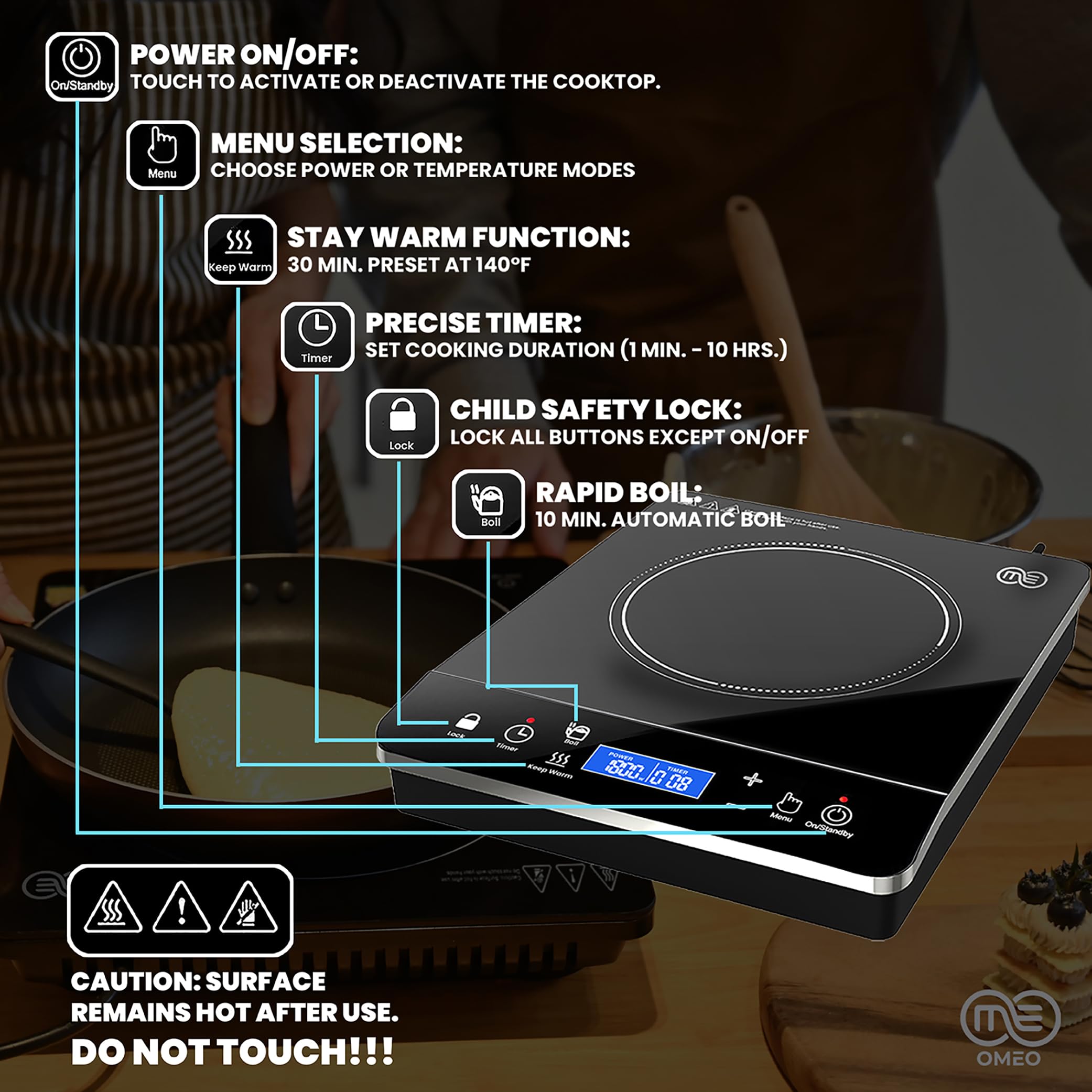 OMEO auto shutoff function enhances safety and energy efficiency.