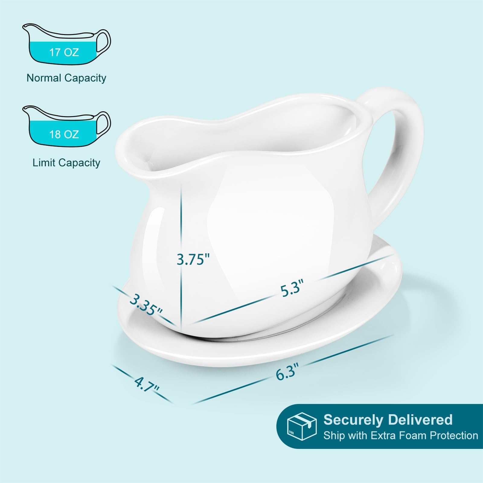 Omesata sauce boat with tray catches drips for clean, presentable tables