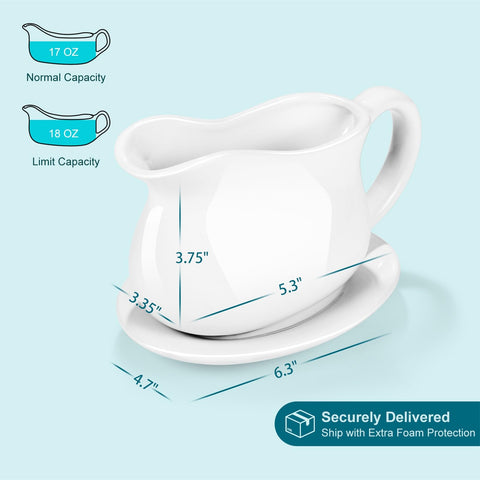Omesata sauce boat with tray catches drips for clean, presentable tables