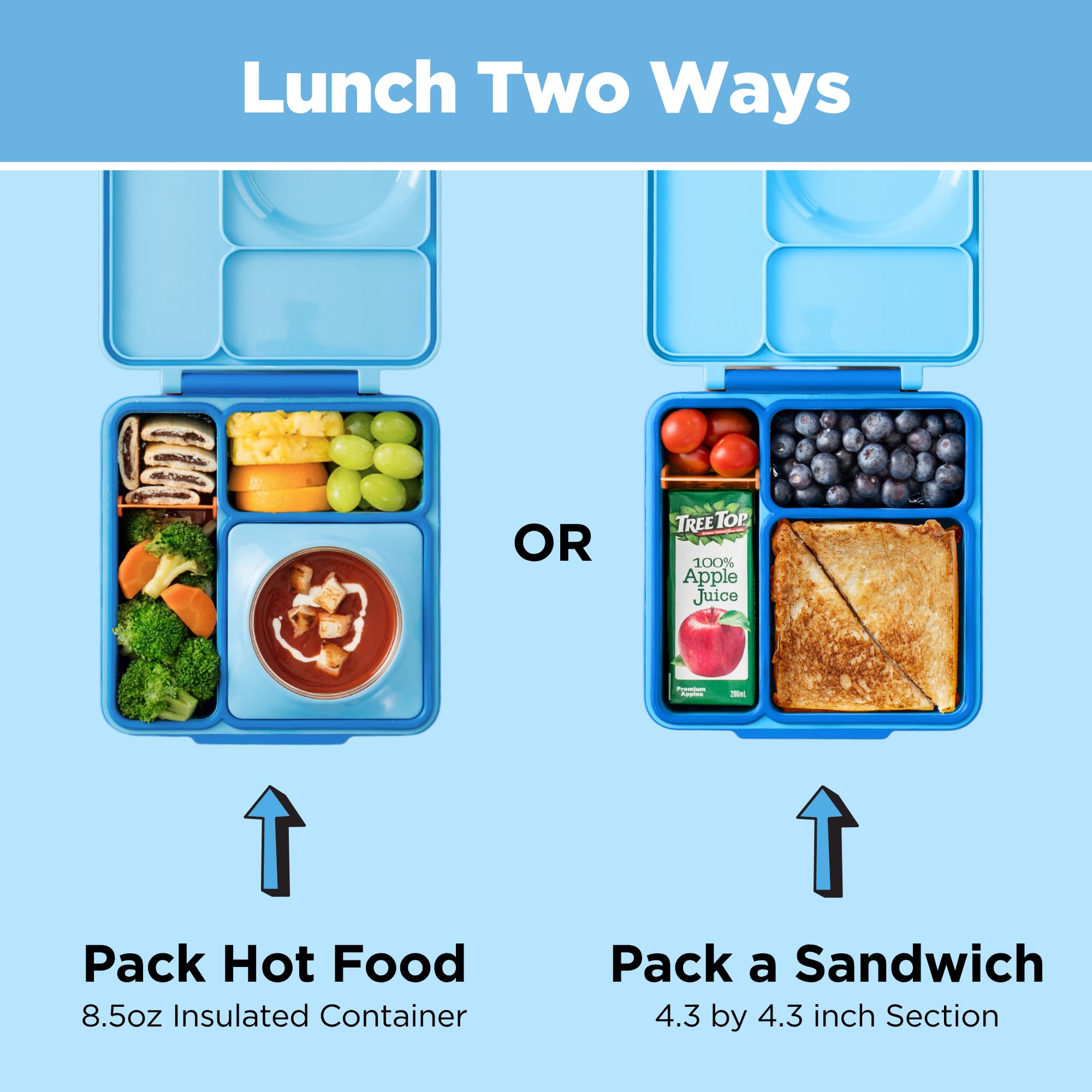 OmieBox Blue Sky two-temperature-zones supports hot entrees alongside fresh fruit.