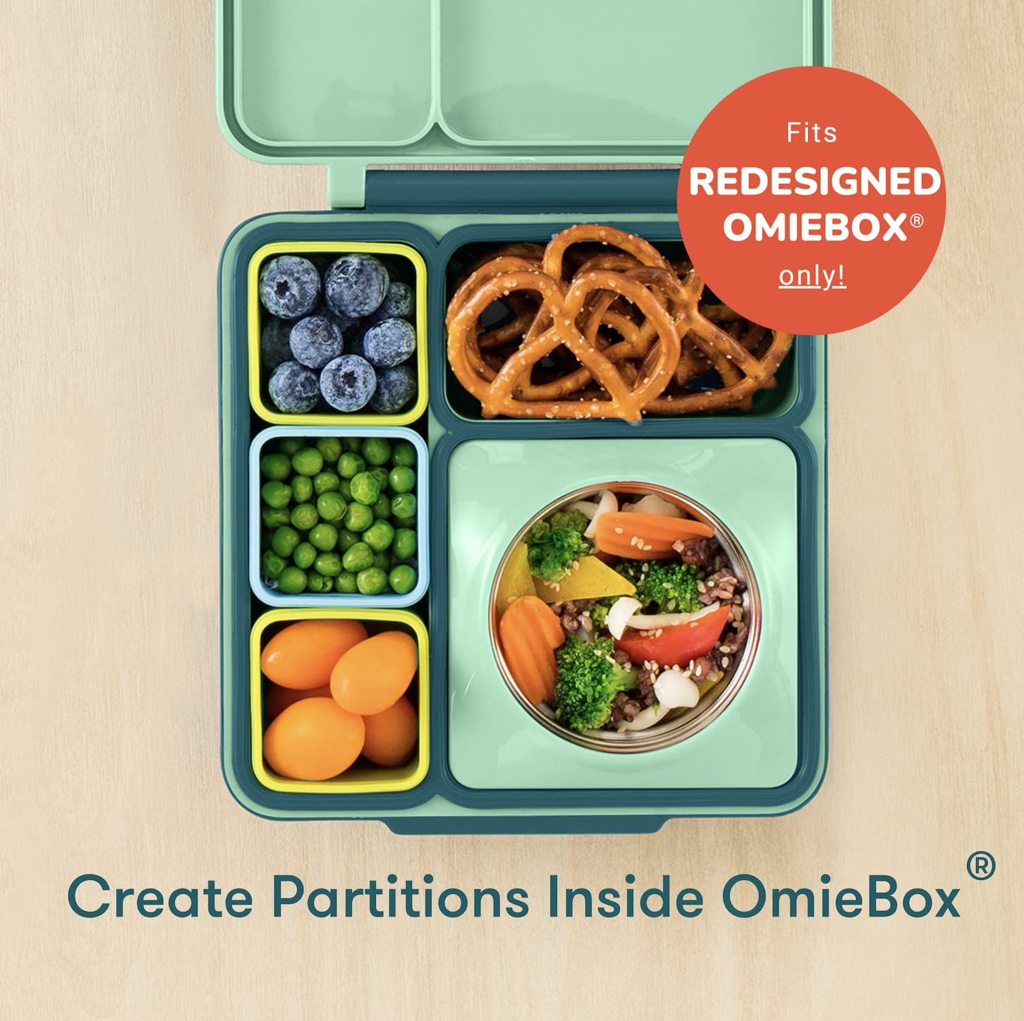 OmieBox short-compartment dip container holding two dips for quick portions.