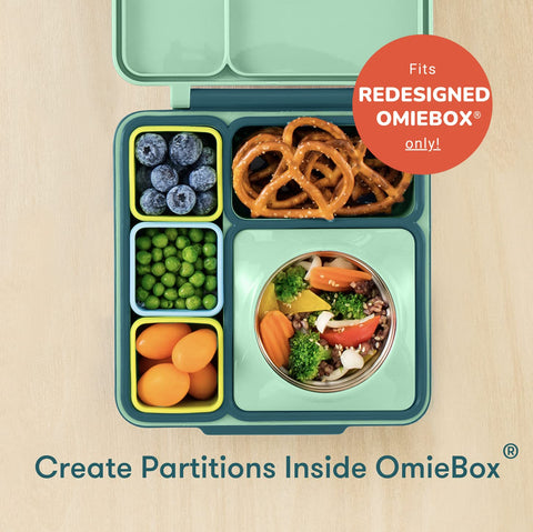 OmieBox short-compartment dip container holding two dips for quick portions.