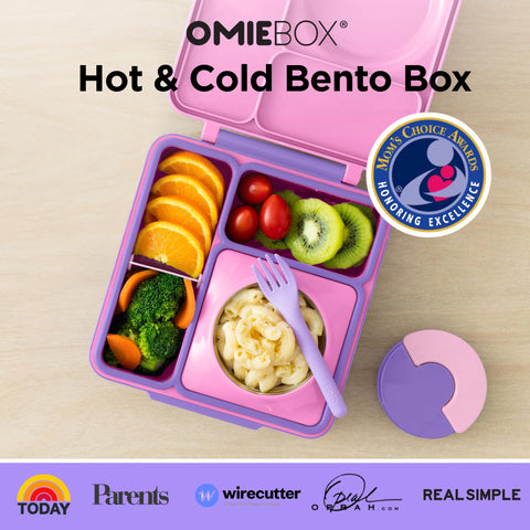 OmieBox insulated container keeps hot meals warm for kids on the go.