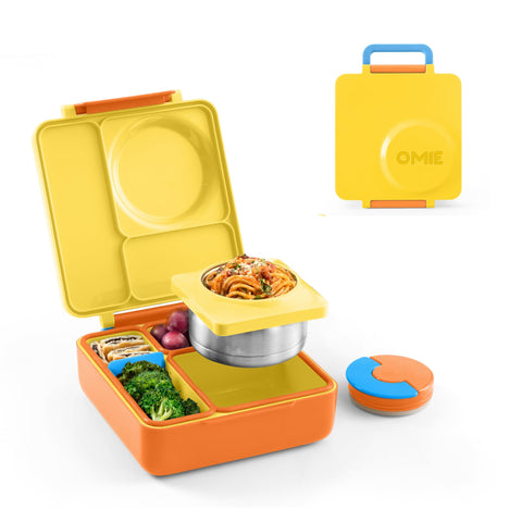 OmieBox Sunshine open lid shows organized compartments for kid-friendly lunches.