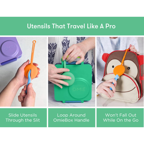 Attachable OmieBox pod keeps utensils secure on backpacks.
