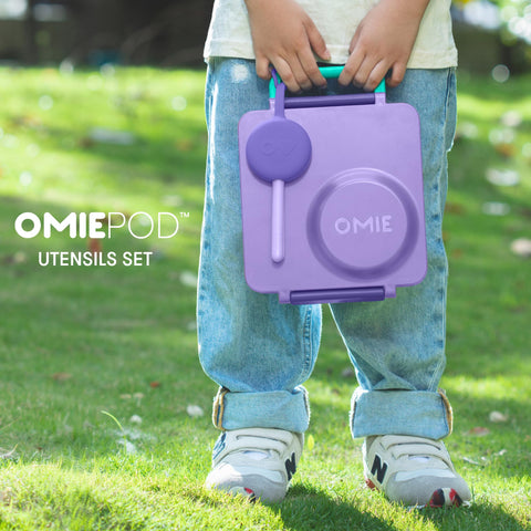 OmieBox lilac pod opens to reveal reusable utensils
