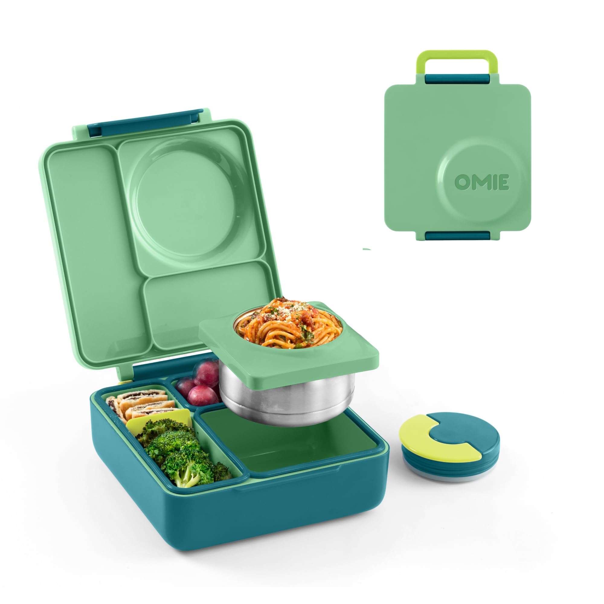 OmieBox Meadow lunchbox front view showing three compartments for mixed meals
