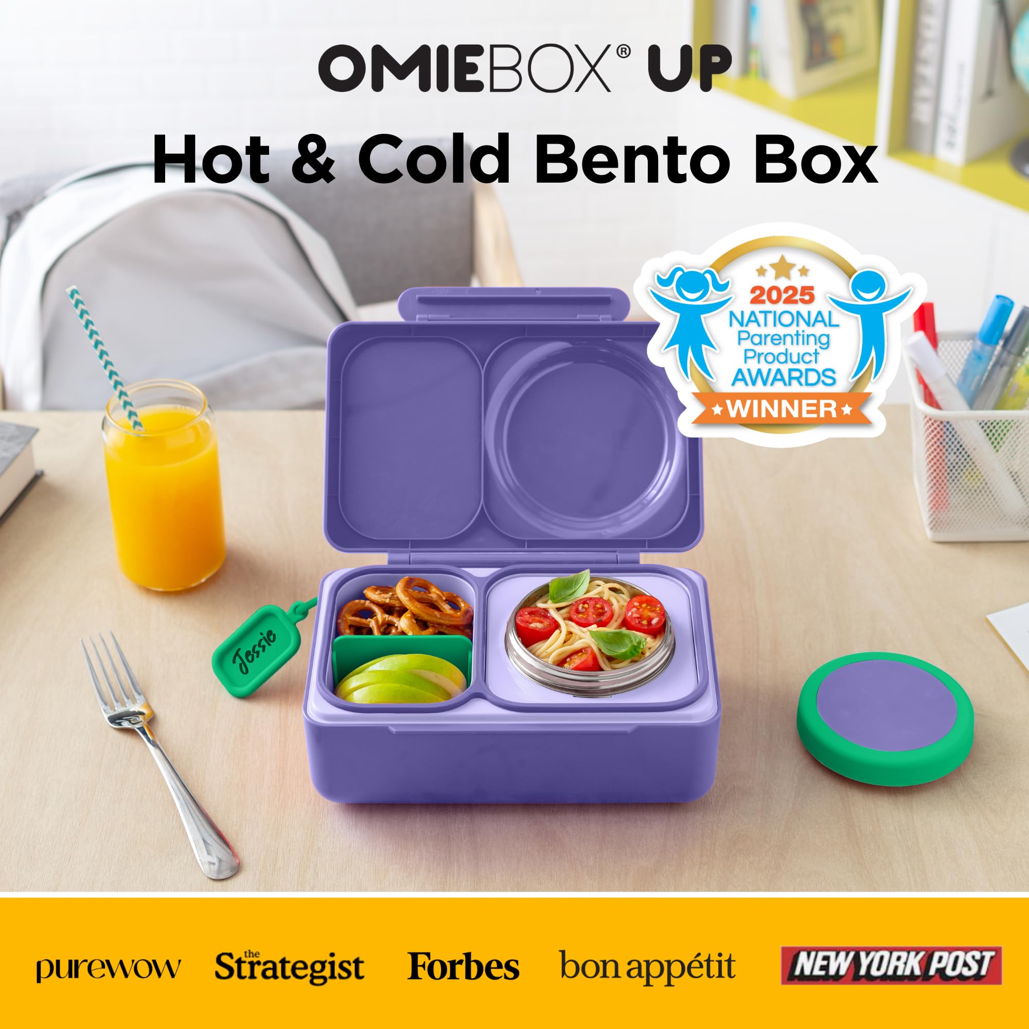 OmieBox UP Galaxy Purple, open, showing two compartments for hot and cold meals.