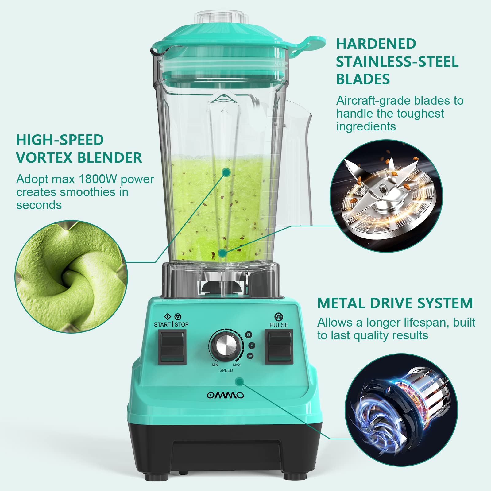 OMMO Blender 60oz BPA-free jar capable of large batch servings