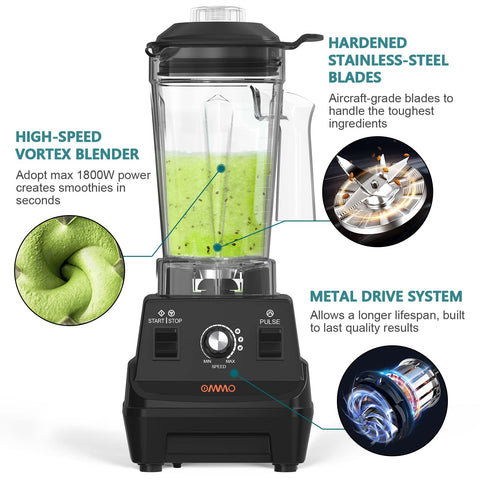 OMMO Blender 60oz jar enables large batches for family shakes and sauces.