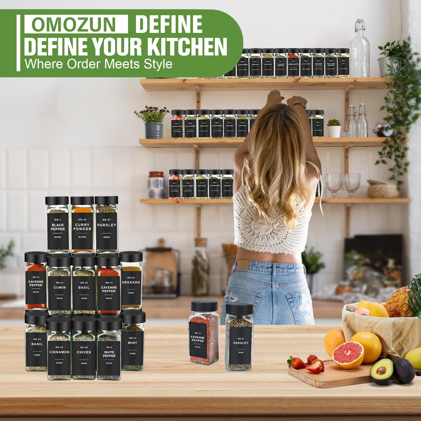 Clear glass OMOZUN jars for easy spice identification and durability