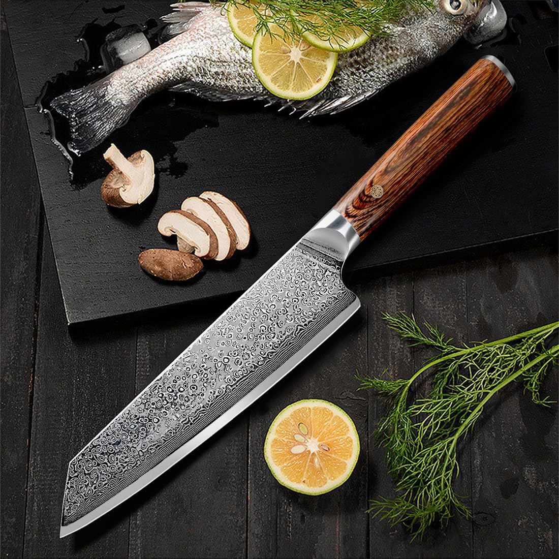 Ompusos Damascus knife with 67-layer pattern for durable performance