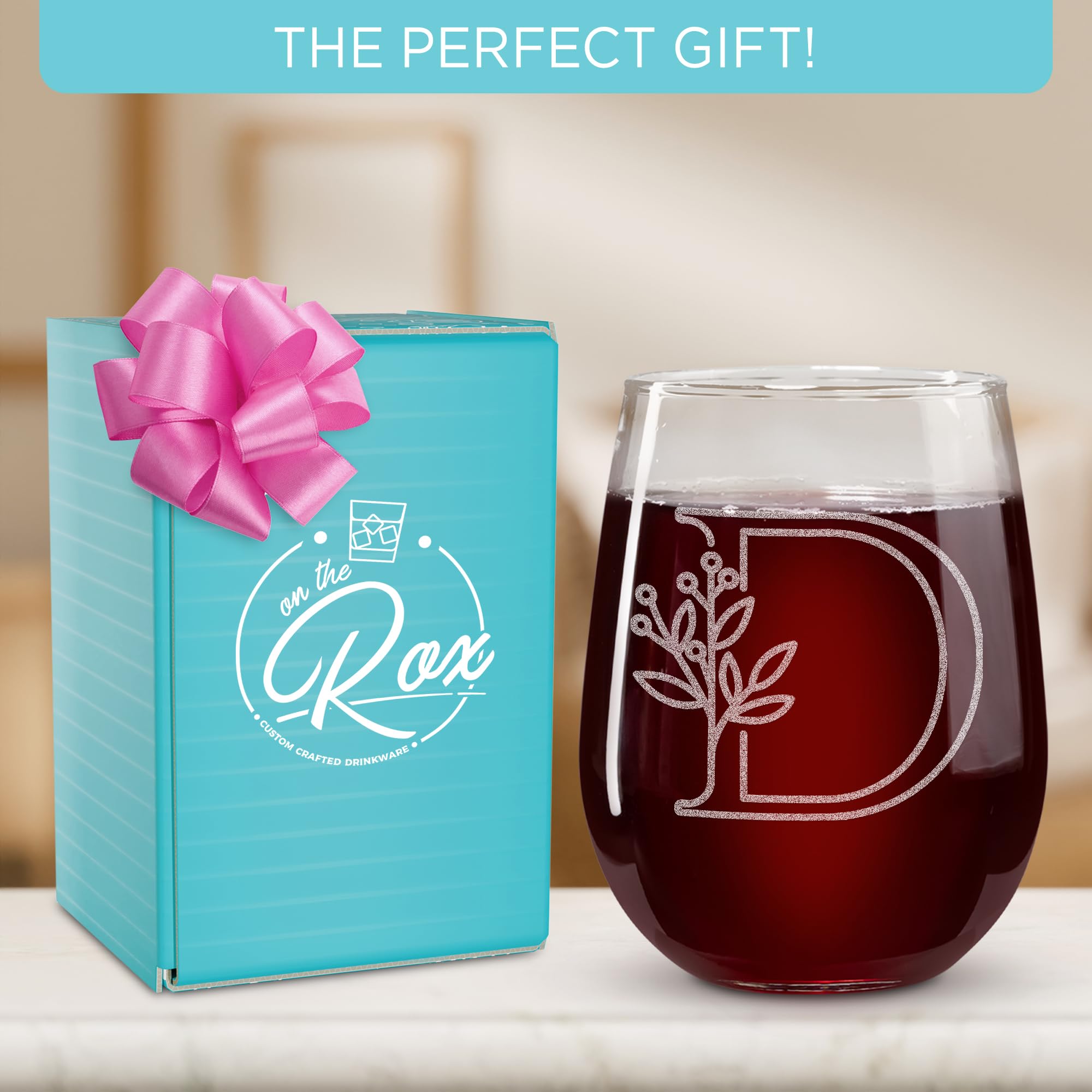 On The Rox Drinks A-Z initial engraving on a stemless glass.