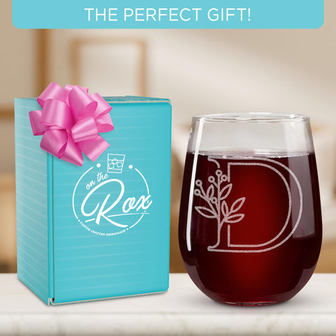 On The Rox Drinks A-Z initial engraving on a stemless glass.