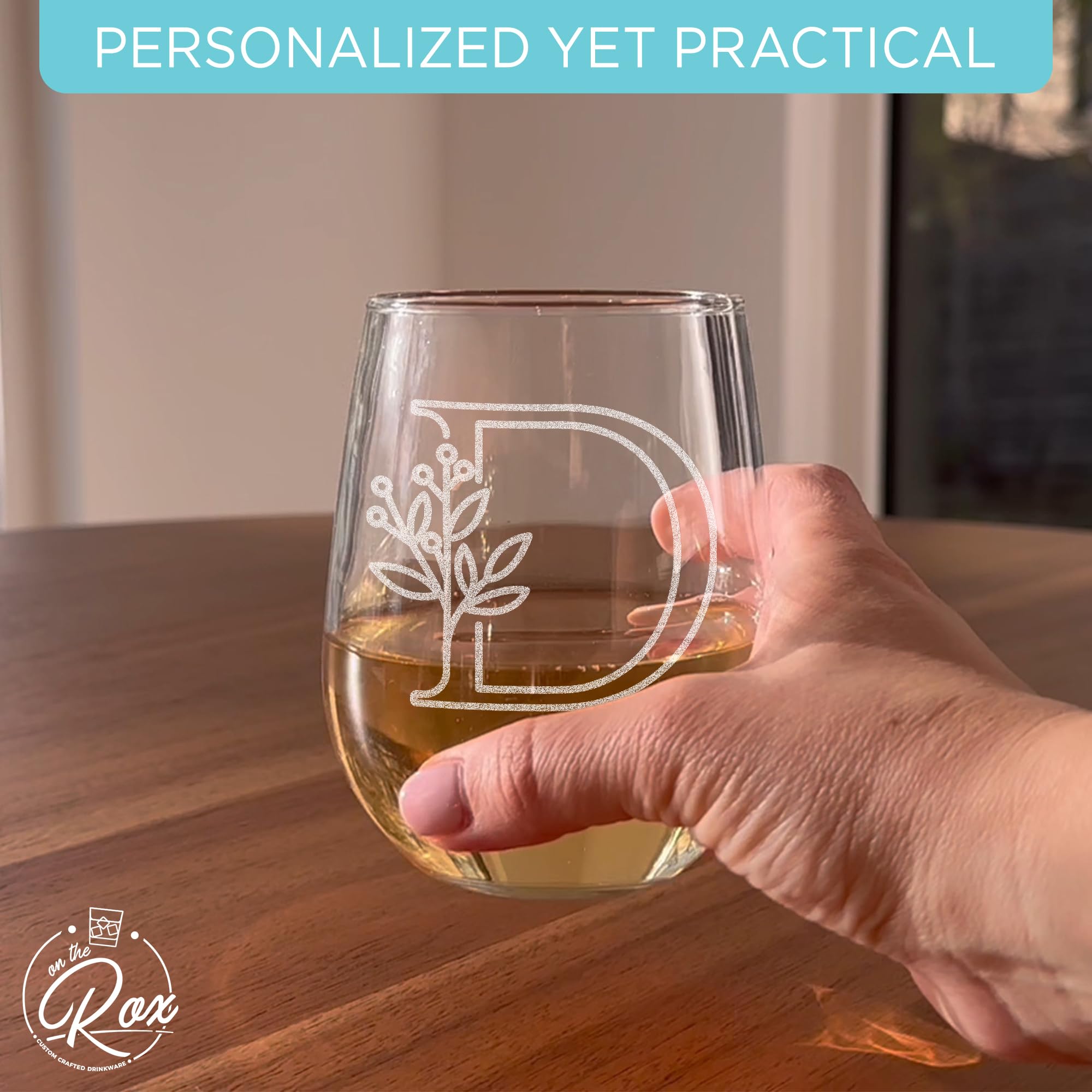 On The Rox Drinks dishwasher-safe monogram glass for easy cleanup.