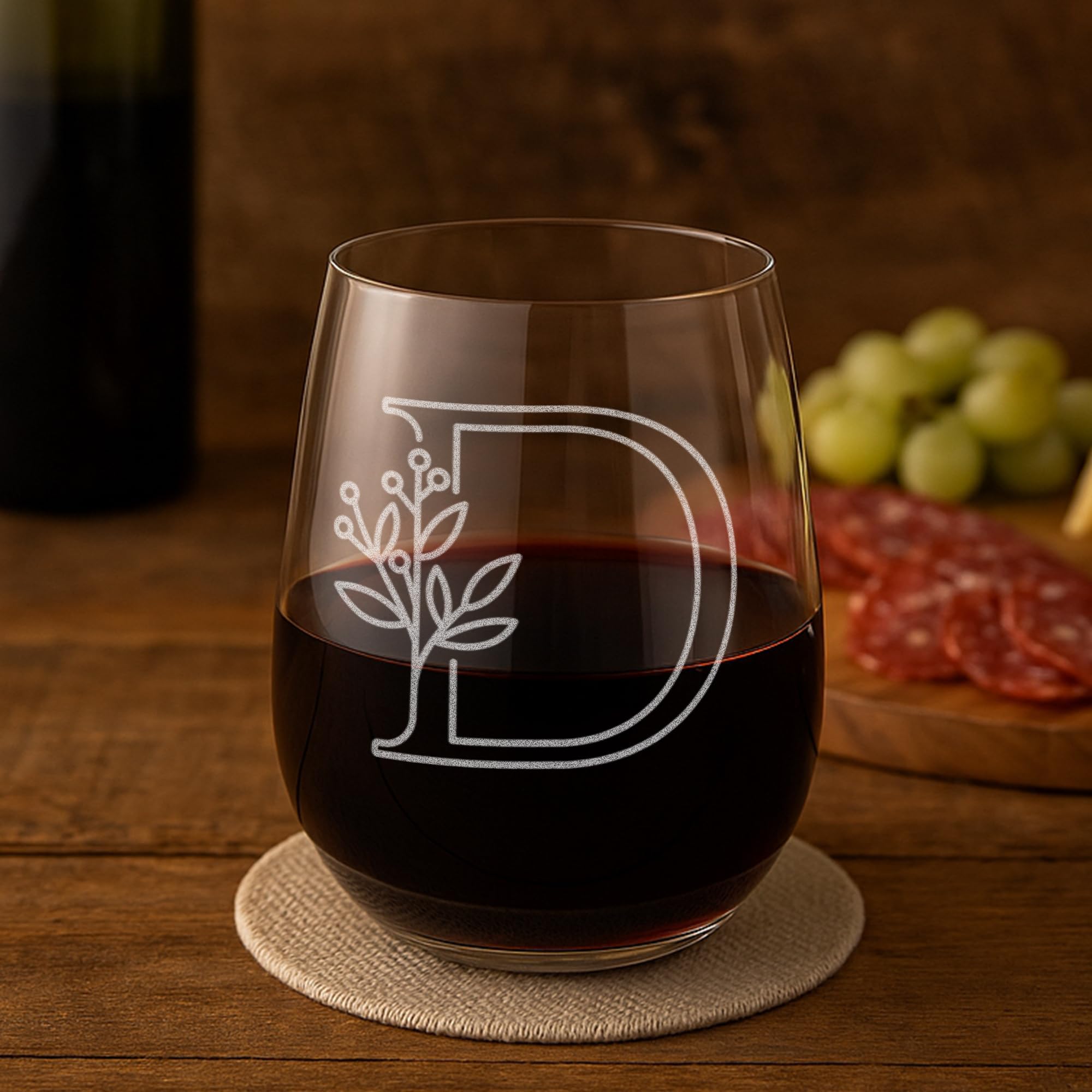 On The Rox Drinks monogram stemless wine glass engraving for personalized celebrations.