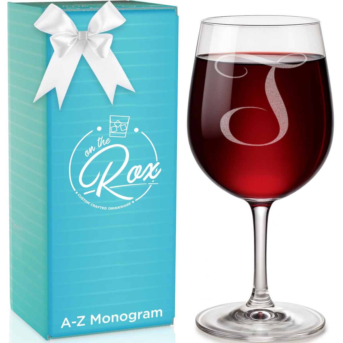 On The Rox Drinks monogram wine glass engraving closeup for personalized gifting.