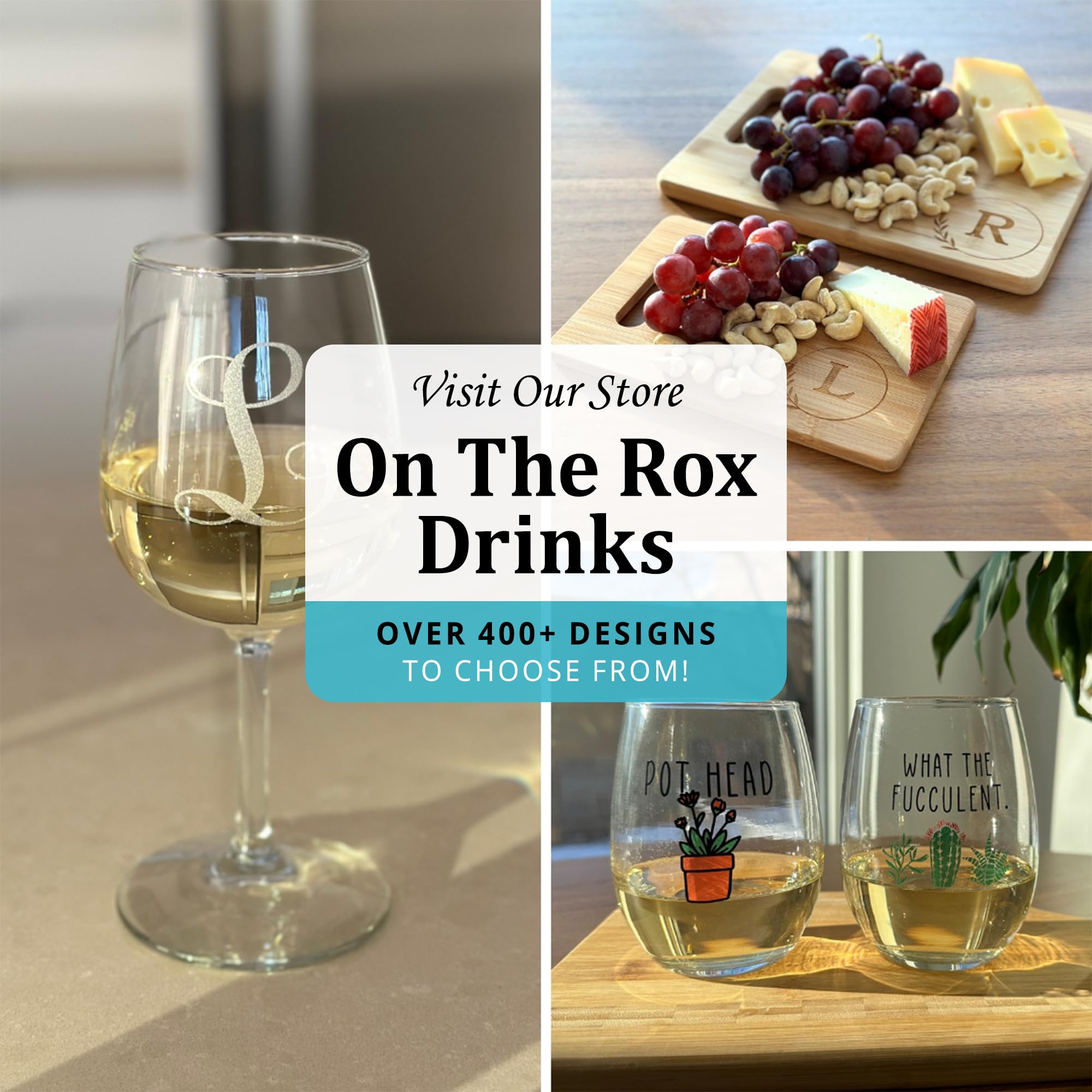 On The Rox Drinks engraved wine glass captured in a celebratory toast setup.