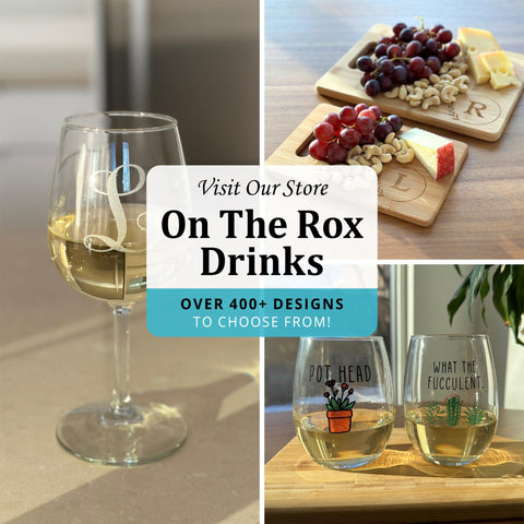 On The Rox Drinks monogram glass for weddings, birthdays, or celebrations