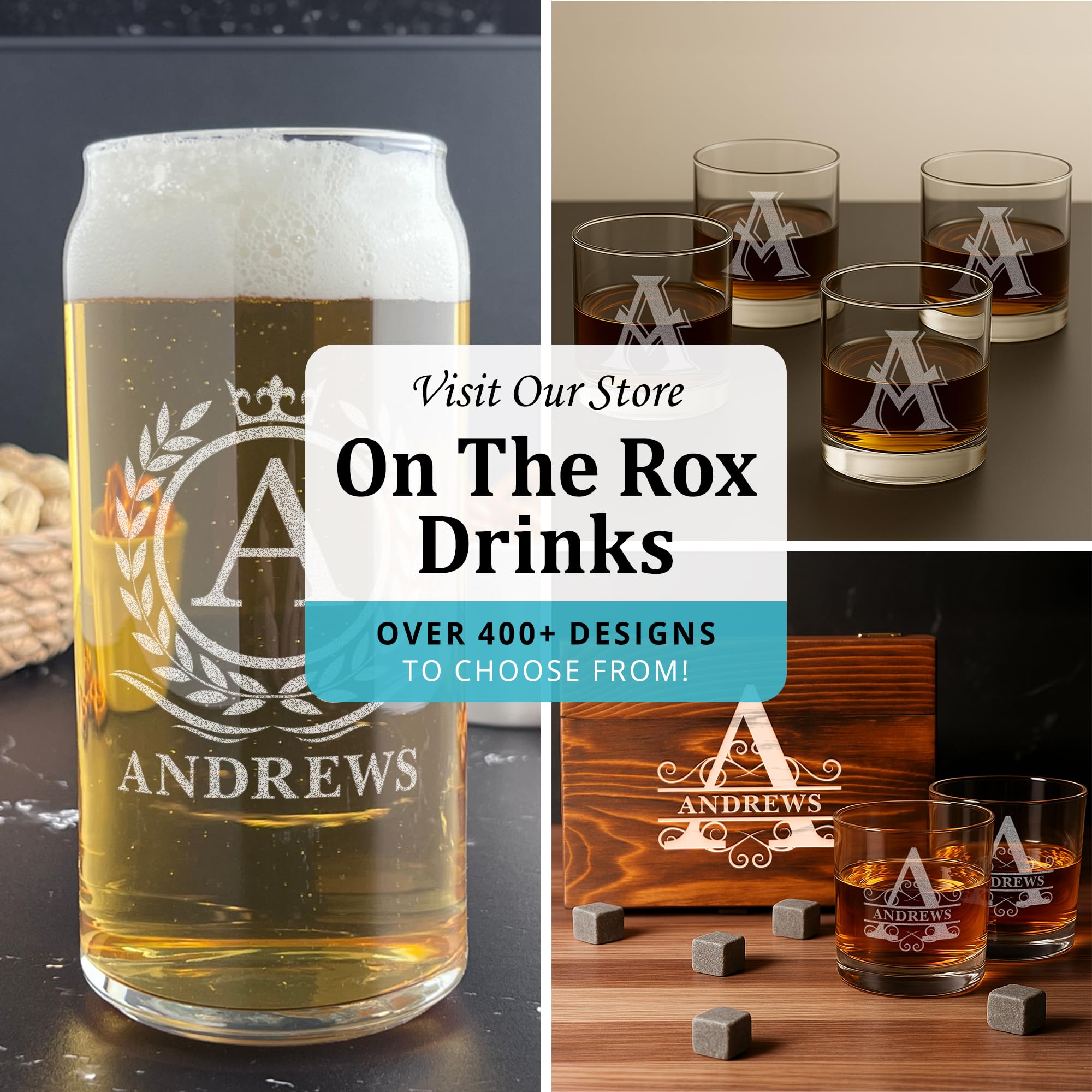 On The Rox monogram beer glass on bar counter evokes everyday use
