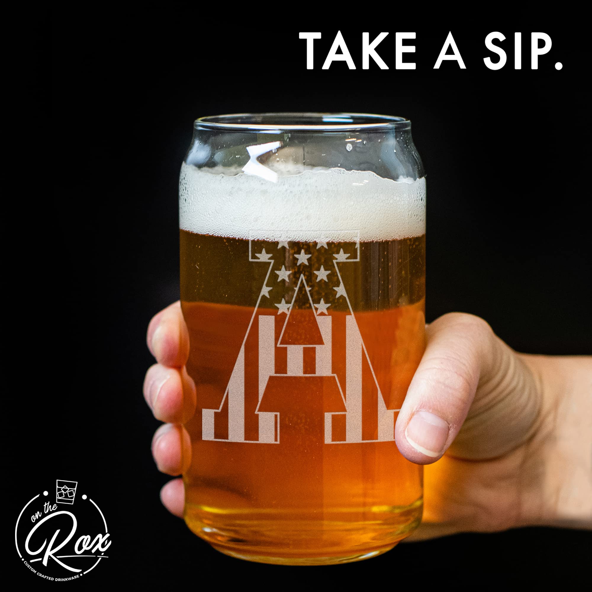 On The Rox monogram beer glass dishwasher-safe image suggests easy cleanup