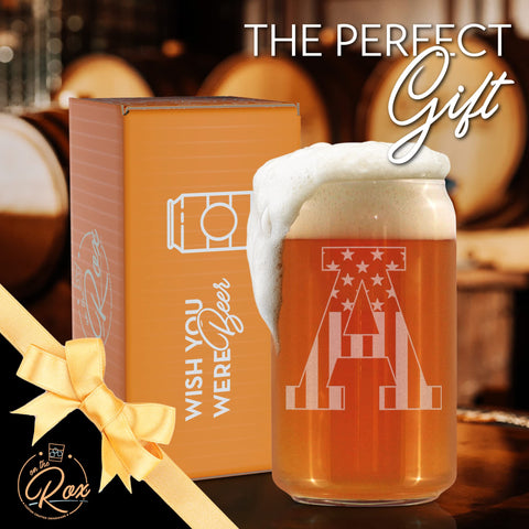 On The Rox monogram beer glass gift-box close-up signals ready-to-gift presentation